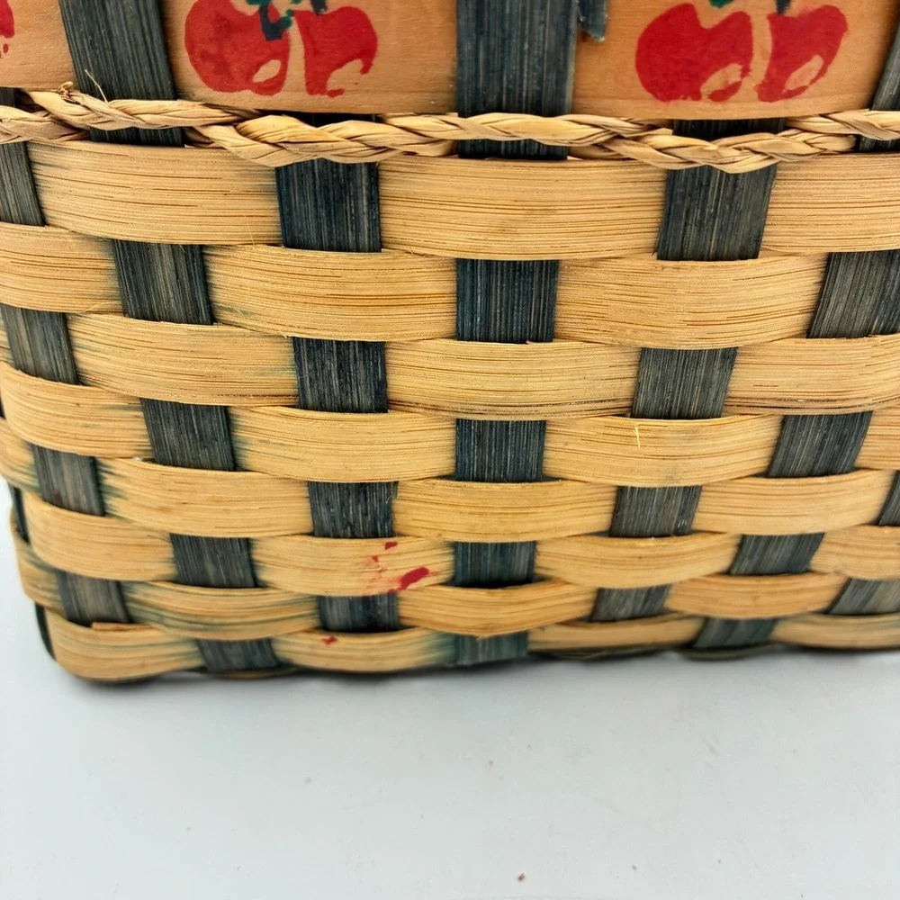 Handcrafted Woven Wood Cherry‎ Print Basket Dual Handle Farmhouse Storage 10x7x6